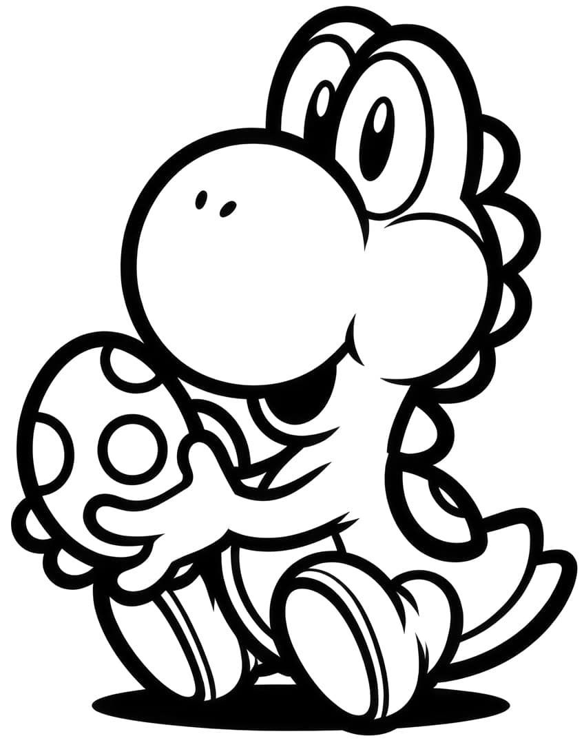 Yoshi, o dinossauro verde do Super Mario, segurando um ovo com pintas, pronto para colorir.