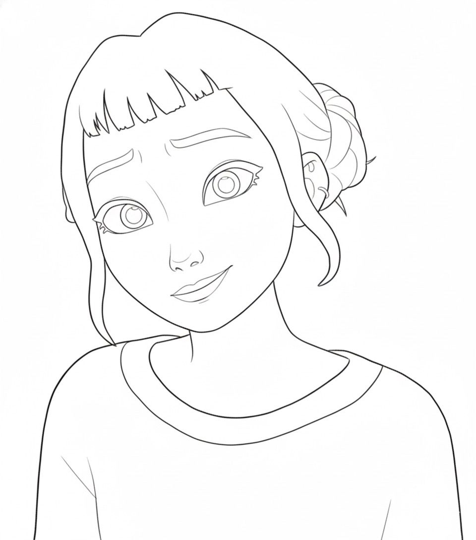 Desenho de linha da Zoey, das Guerreiras do K-Pop, com penteado de coque e franja curta, sorrindo e usando blusa básica.