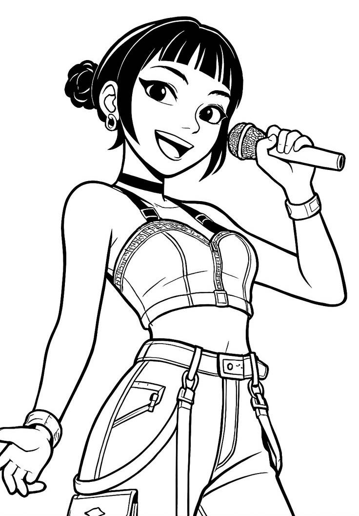 Zoey de Guerreiras do K-pop em pose de performance com look urbano, choker e microfone, ideal para imprimir e colorir.