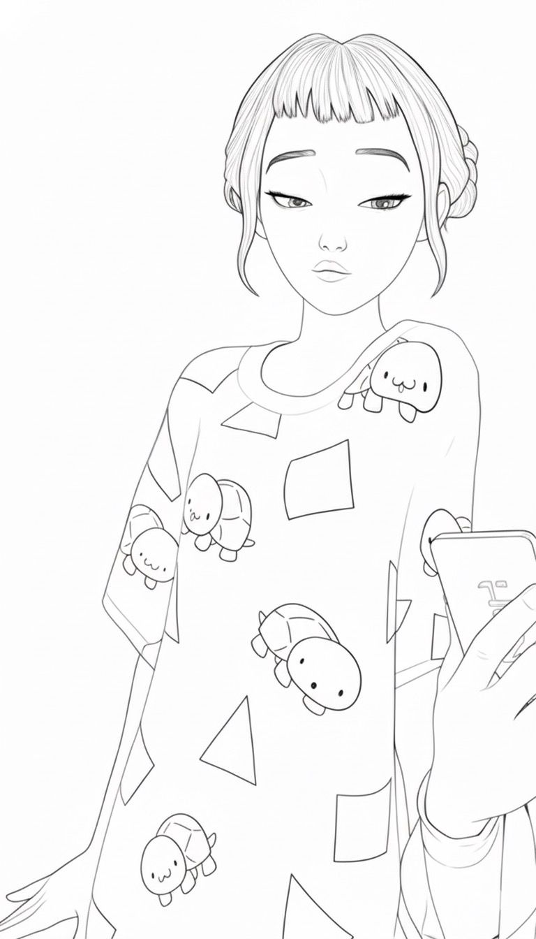 Ilustração em traço preto e branco da Zoey, ídolo de K-pop, vestindo uma camiseta larga estampada com pequenas tartarugas fofas e segurando um celular.