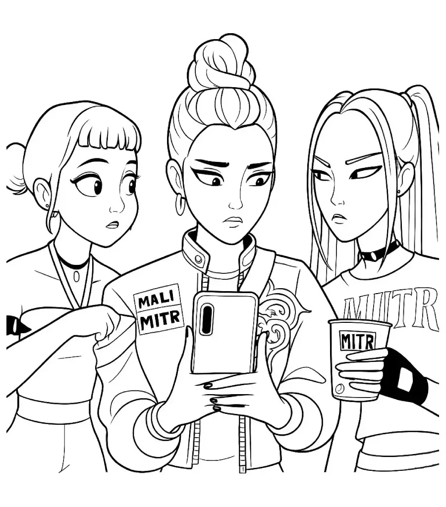 Desenho para colorir das personagens Zoey, Rumi e Mira do grupo Guerreiras do K-pop, observando atentamente a tela de um smartphone.