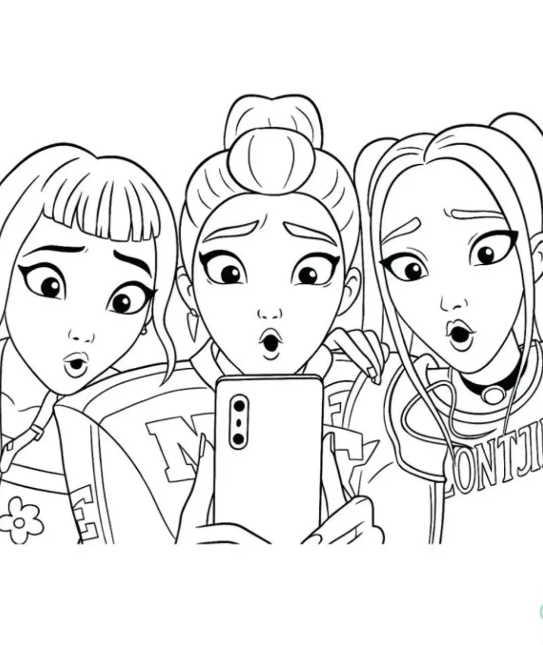 As personagens Zoey, Rumi e Mira das Guerreiras do K-pop olhando para um smartphone com expressões de surpresa.