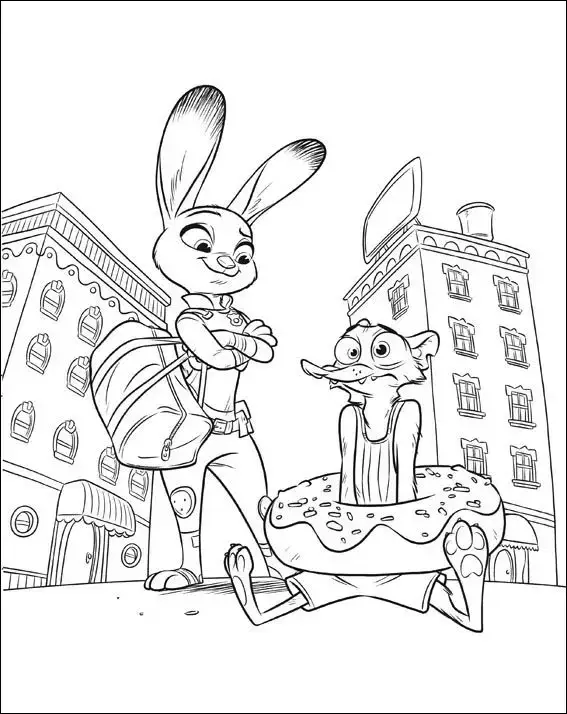Judy Hopps, a coelha policial de Zootopia, observando com curiosidade um animal preso dentro de um donut gigante no meio da rua da cidade.