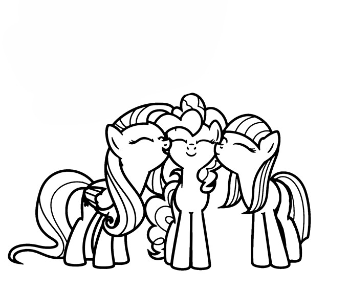 Ilustração de amizade das 3 poneis de My Little Pony: Pinkie Pie, Flutter Shy e Twilight