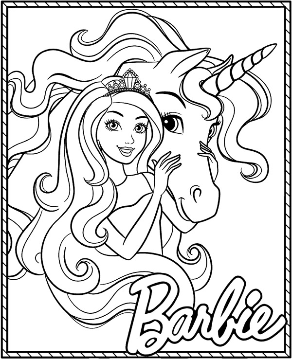 Desenho para colorir da Barbie com seu unicórnio