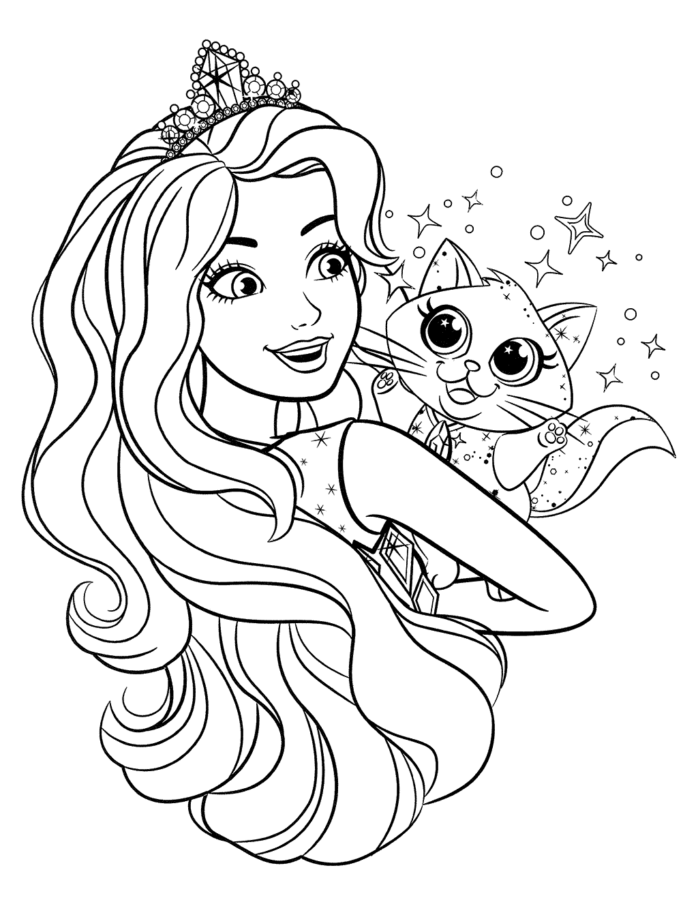 Desenho para colorir da Barbie com sua gatinha