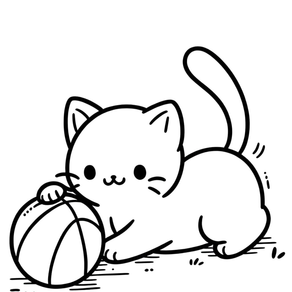 Desenho de um gatinho fofinho brincando com uma bolinha para imprimir e pintar