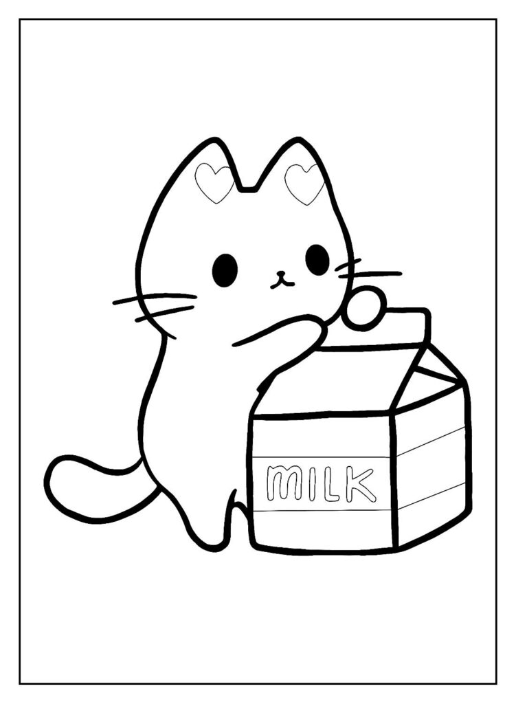 Desenho para colorir de um gatinho fofinho brincando com uma caixa de leite