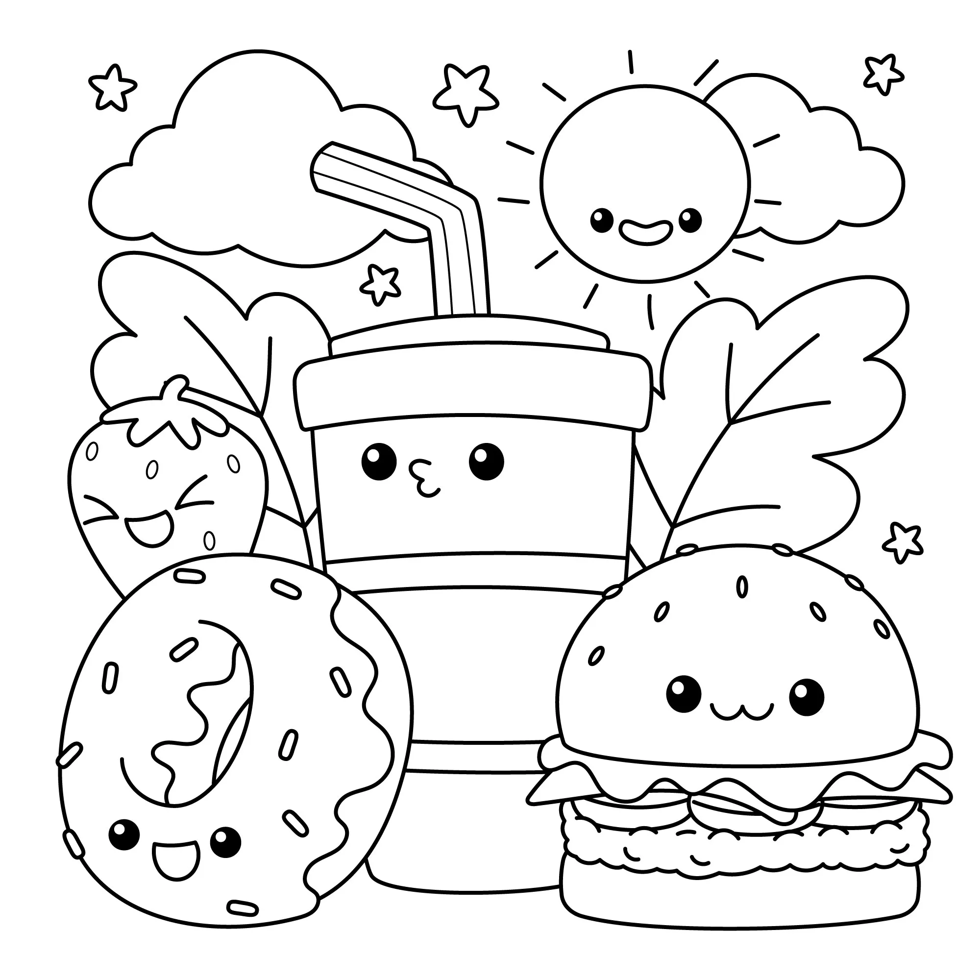 Desenho de comidinhas fofas para pintar: hamburguer, suco e rosquinha, prontas para serem impressas e coloridas