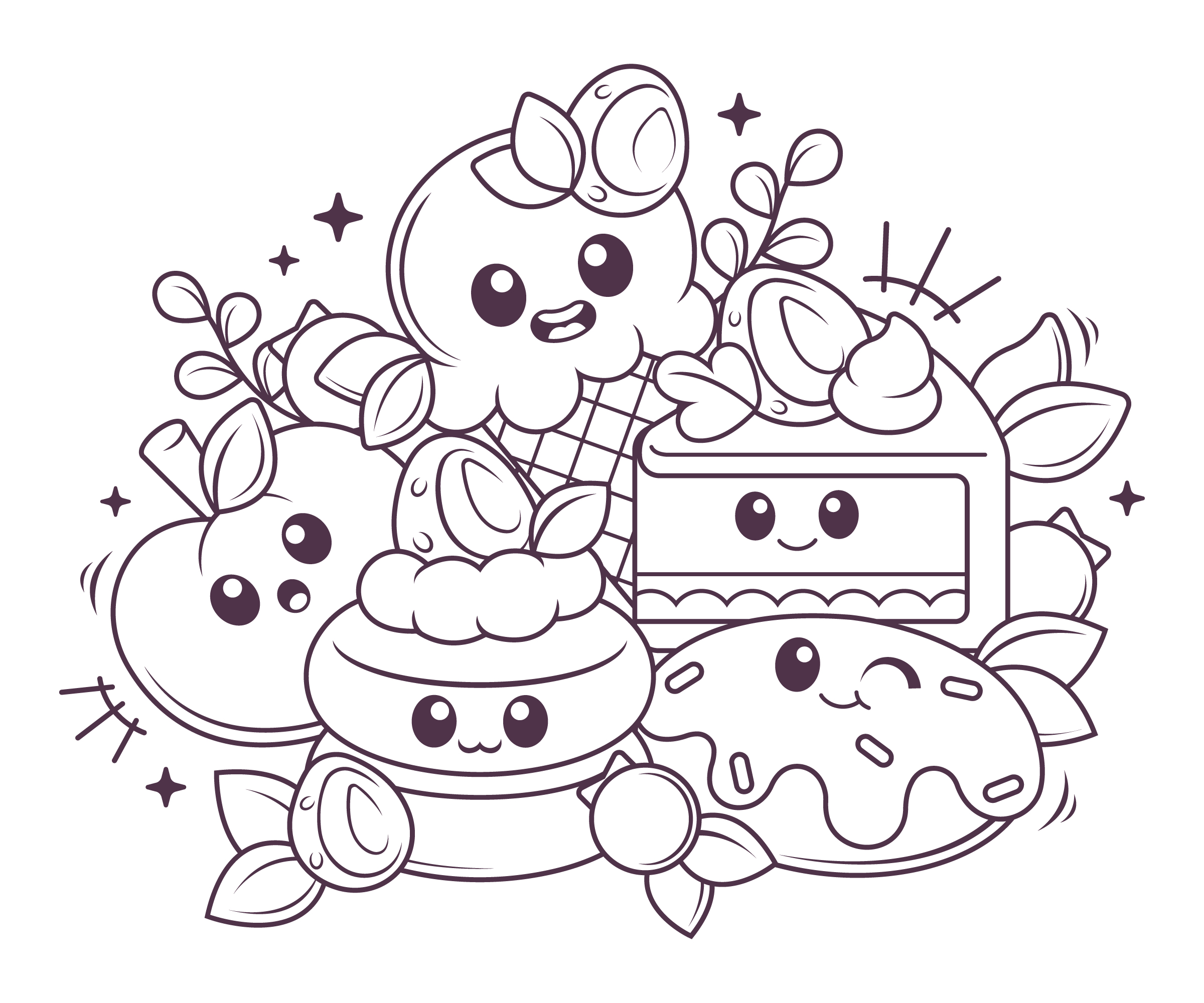 Desenho super fofo com docinhos deliciosos para pintar: bolo, sorvete e rosquinha