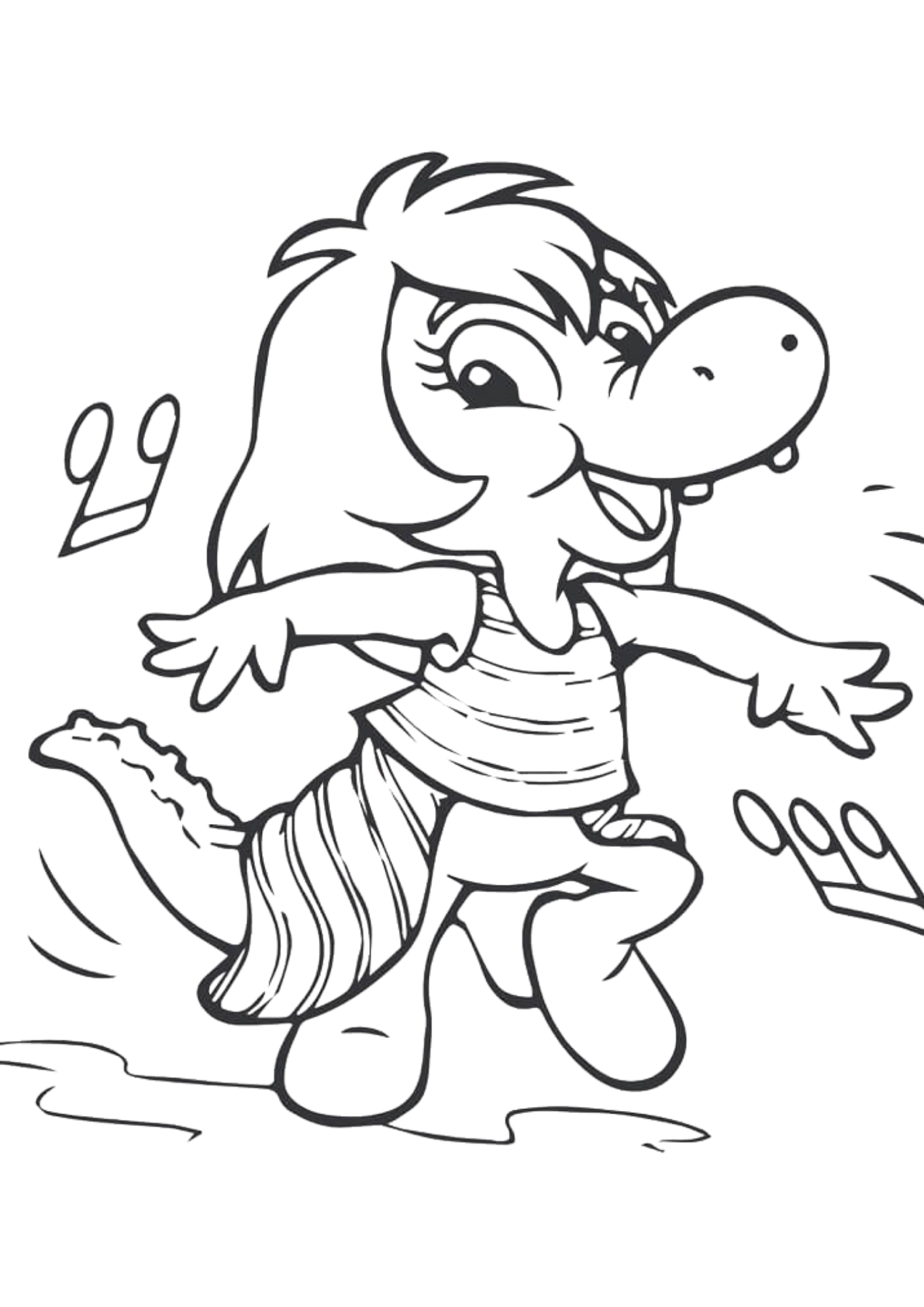 Desenho cartoonizado da Cuca, do Folclore Brasileiro, em preto e branco para imprimir e pintar