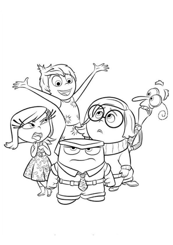 Desenho para colorir das emoções do primeiro Divertidamente: alegria, nojinho, medo, raiva e tristeza