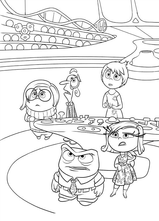 Desenho para colorir de divertida mente com as seguintes emoções: alegria, nojinho, tristeza, medo, raiva