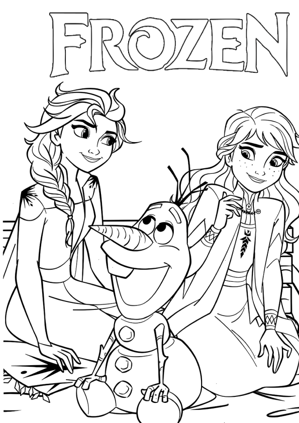 Desenho para imprimir e colorir da Elsa, Anna e Olaf se divertindo e conversando juntos no parque.