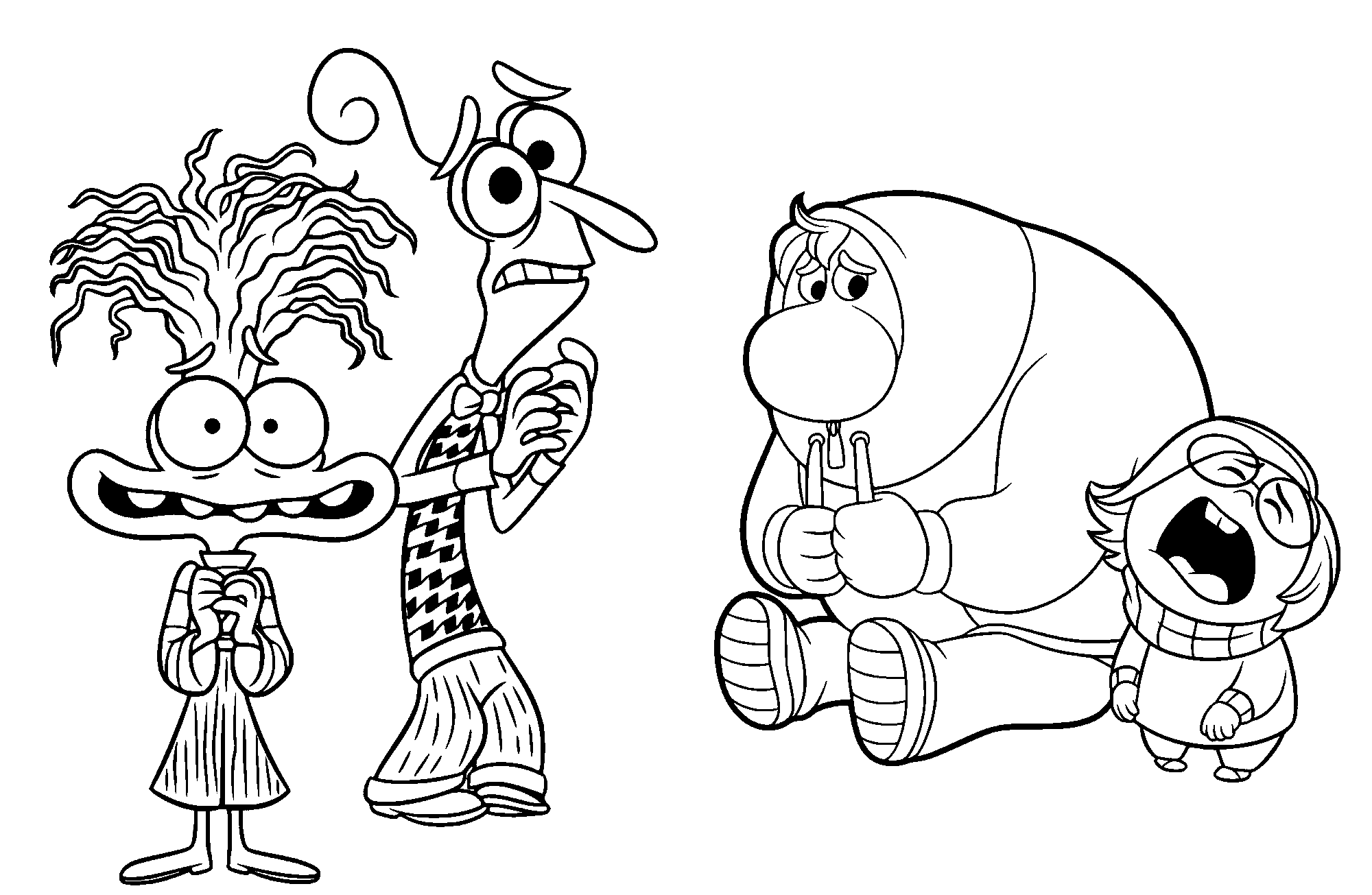 Desenho para colorir das emoções negativas de divertidamente: medo, ansiedade, tristeza e vergonha