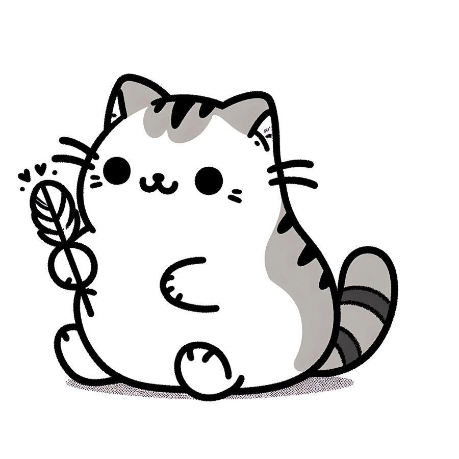 Desenho de um gatinho segurando uma pena