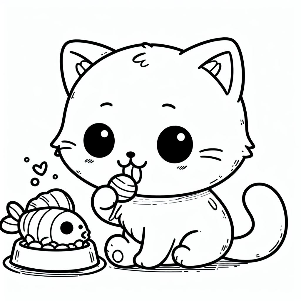 Desenho de um gatinho muito fofo comendo ração para imprimir e colorir