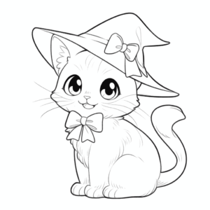 Desenho de um gatinho fofo de chapéu de bruxa pra imprimir e colorir