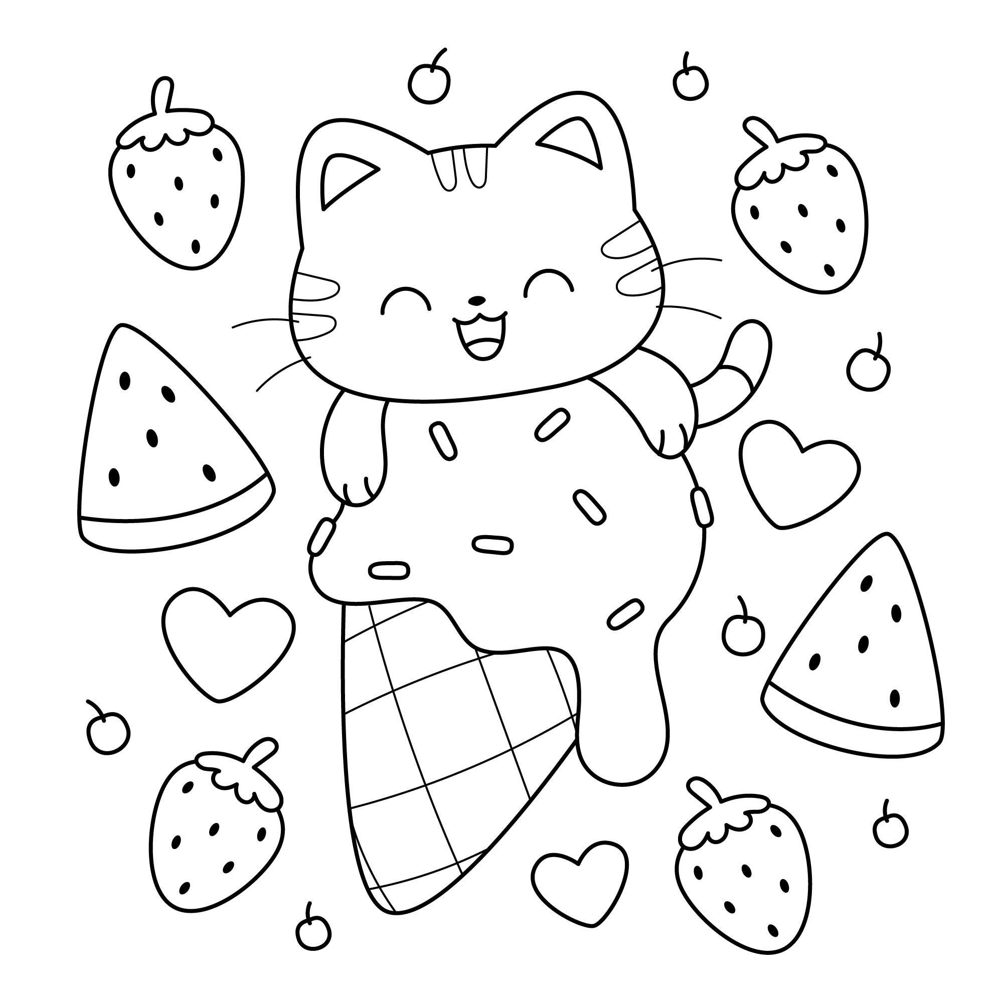 Desenho de um gatinho fofo em cima de um sorvete de frutas