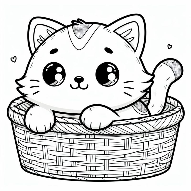 desenho de um gatinho muito fofo brincando num cesto de roupa para colorir e imprimir