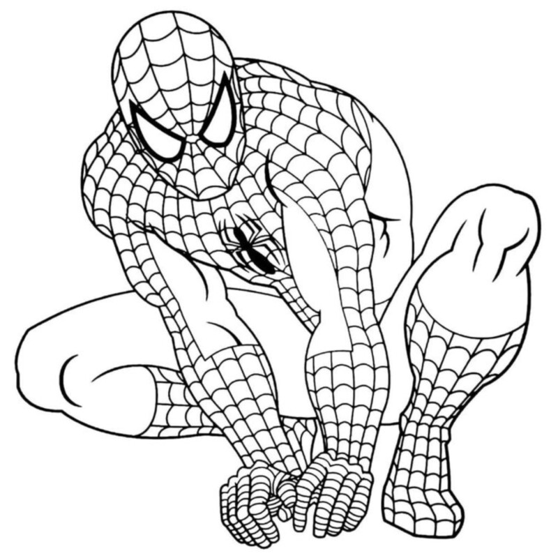 Desenho do Homem Aranha sentado em pose de herói para colorir