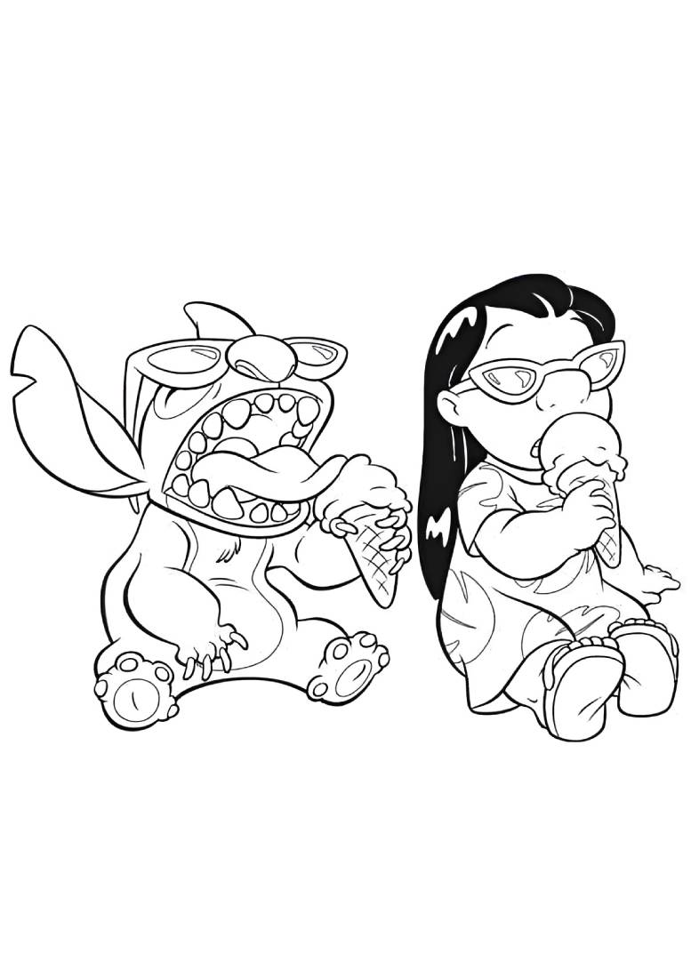 Desenho de Lilo e Stitch sentados, de óculos de sol e comendo sorvete para colorir e imprimir. Ótimo para refrescar em um dia ensolarado.