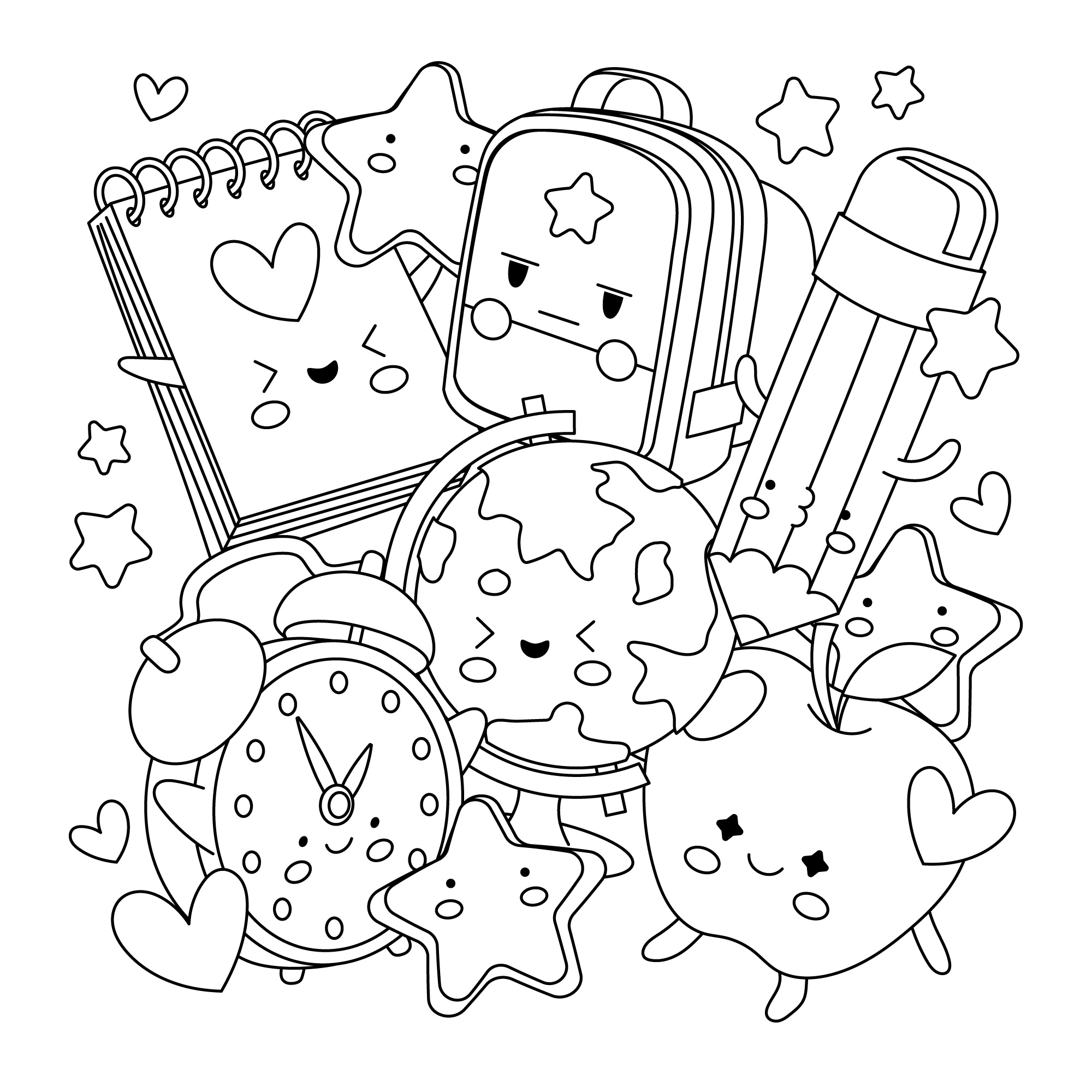Desenho de materiais escolar com rosto para colorir