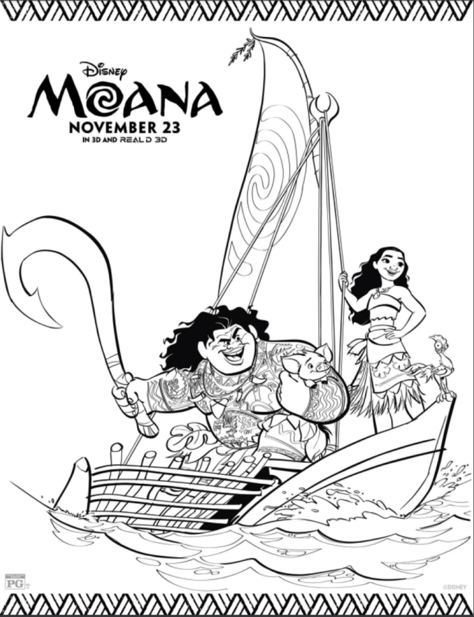 Desenho de Moana para colorir com Moana, Mauí e o porquinho Puá em um barco.
