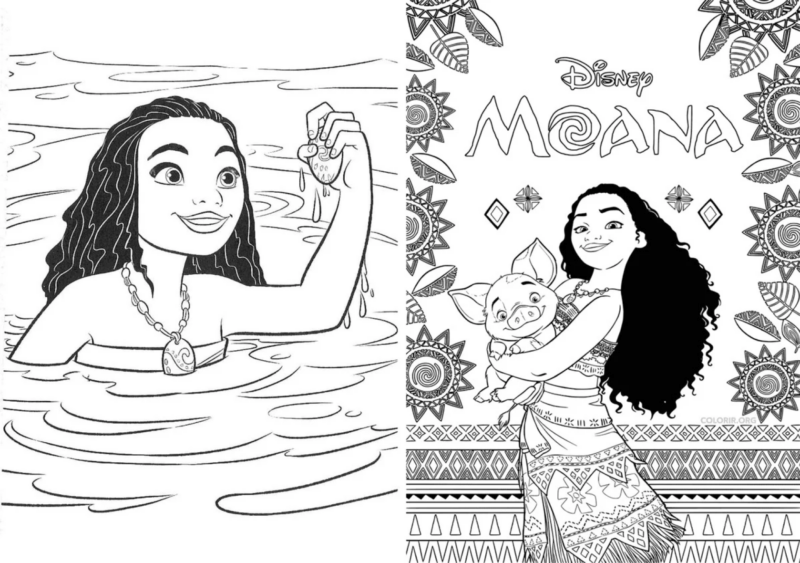 Desenho da moana com o porquinho puá no colo para colorir