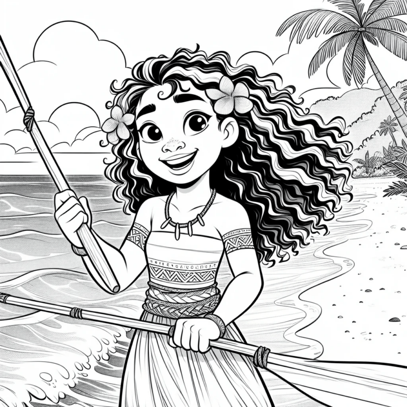 Desenho para colorir com traços bem definidos da Moana, a princesa da ilha, com um cabelo super cacheado
