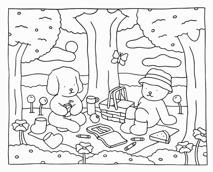 Desenho de um piquenique, com personagens da série de desenhos infantis Bobbie Goods, incluindo um cachorro e um urso, para imprimir e colorir