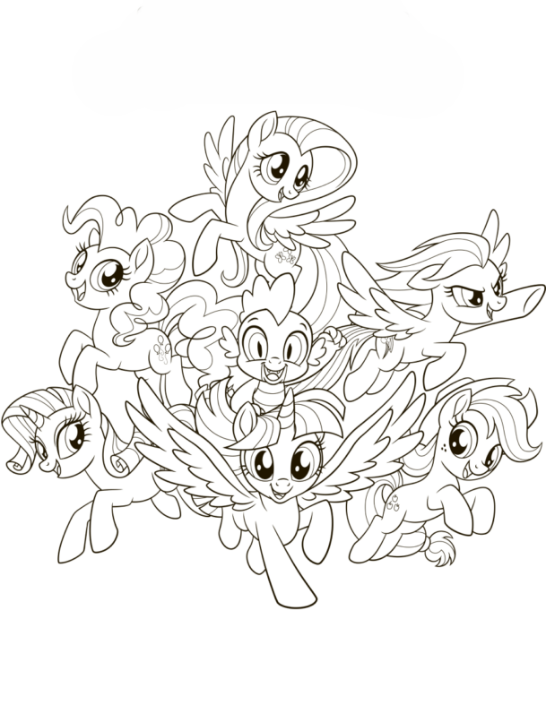 Desenho de todas as personagens de My Little Pony reunidas para a aventura: Twilight Sparkle, Flutter shy, Applejack, Pinkie Pie e mais