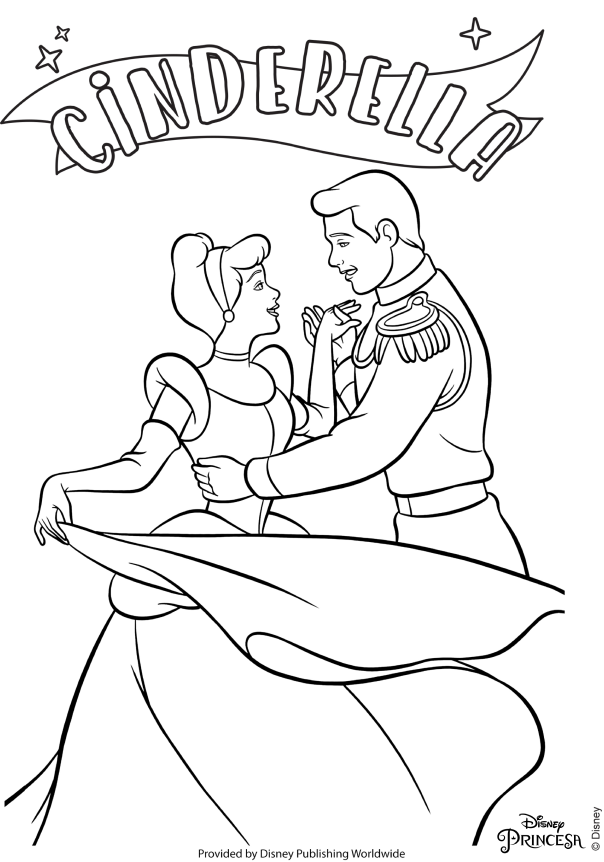 Desenho para colorir da princesa Cinderela, da Disney, dançando com seu príncipe