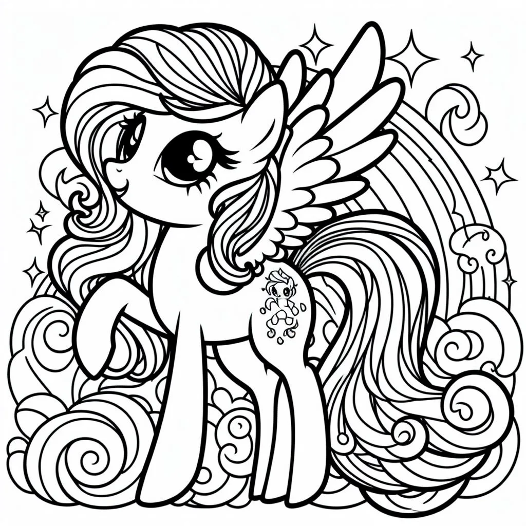 Desenho da princesa Rariry de My Little Pony, feito com traços muito kawaii, para colorir e pintar