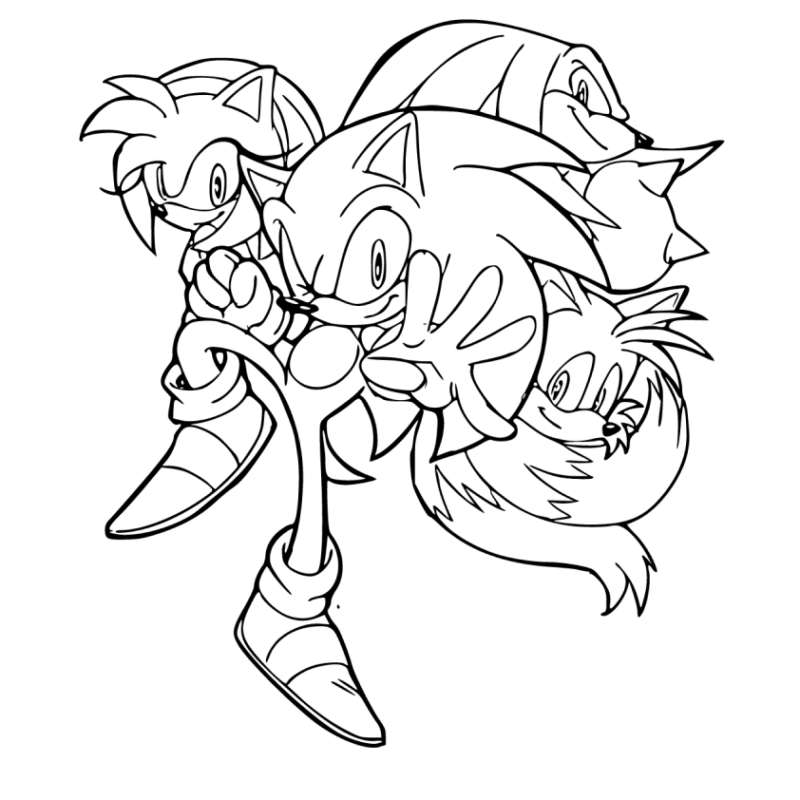 Desenho para colorir de Sonic e seus amigos: Amy, Tails e Knuckles