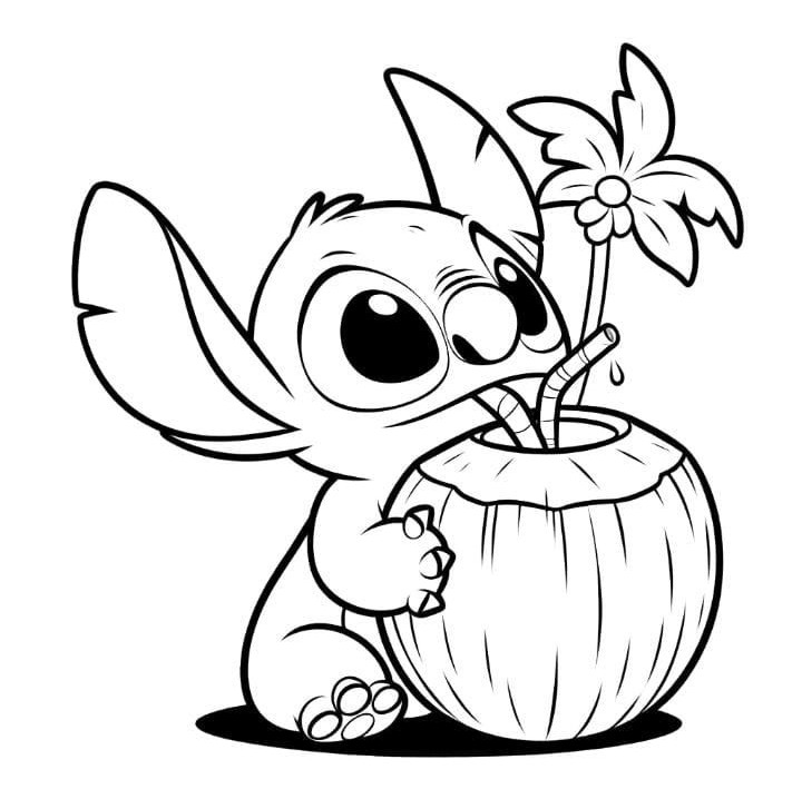 Desenho para imprimir e colorir do Stitch, de Lilo e Stitch, bebendo água de coco para se hidratar.