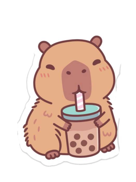 Desenho de uma capivara colorida tomando bubble tea usado como sugestão de cores para o desenho disponibilizado para imprimir e colorir