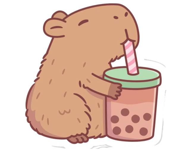 Desenho de uma capivara colorida tomando chá boba usado como sugestão de cores para o desenho disponibilizado para imprimir e colorir