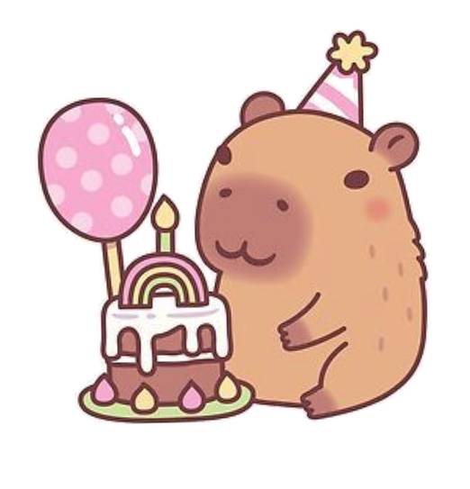 Desenho de uma capivara colorida fazendo uma festa de aniversário usado como sugestão de cores para o desenho disponibilizado para imprimir e colorir