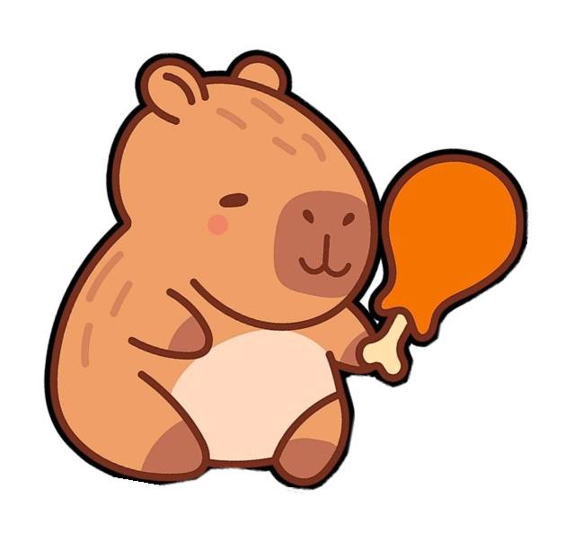 Desenho de uma capivara colorida comendo frango usado como sugestão de cores para o desenho disponibilizado para imprimir e colorir