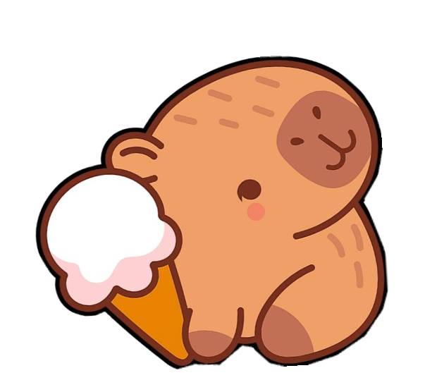 Desenho de uma capivara colorida comendo sorvete usado como sugestão de cores para o desenho disponibilizado para imprimir e colorir