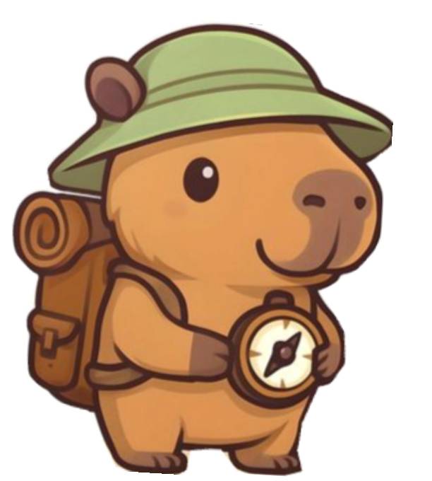 Desenho de uma capivara exploradora colorida usado como sugestão de cores para o desenho disponibilizado para imprimir e colorir