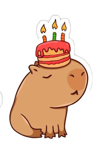 Desenho de uma capivara colorida com bolo na cabeça, usado como sugestão de cores para o desenho disponibilizado para imprimir e colorir