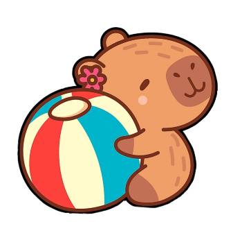 Desenho de uma capivara colorida brincando com uma bola, usado como sugestão de cores para o desenho disponibilizado para imprimir e colorir